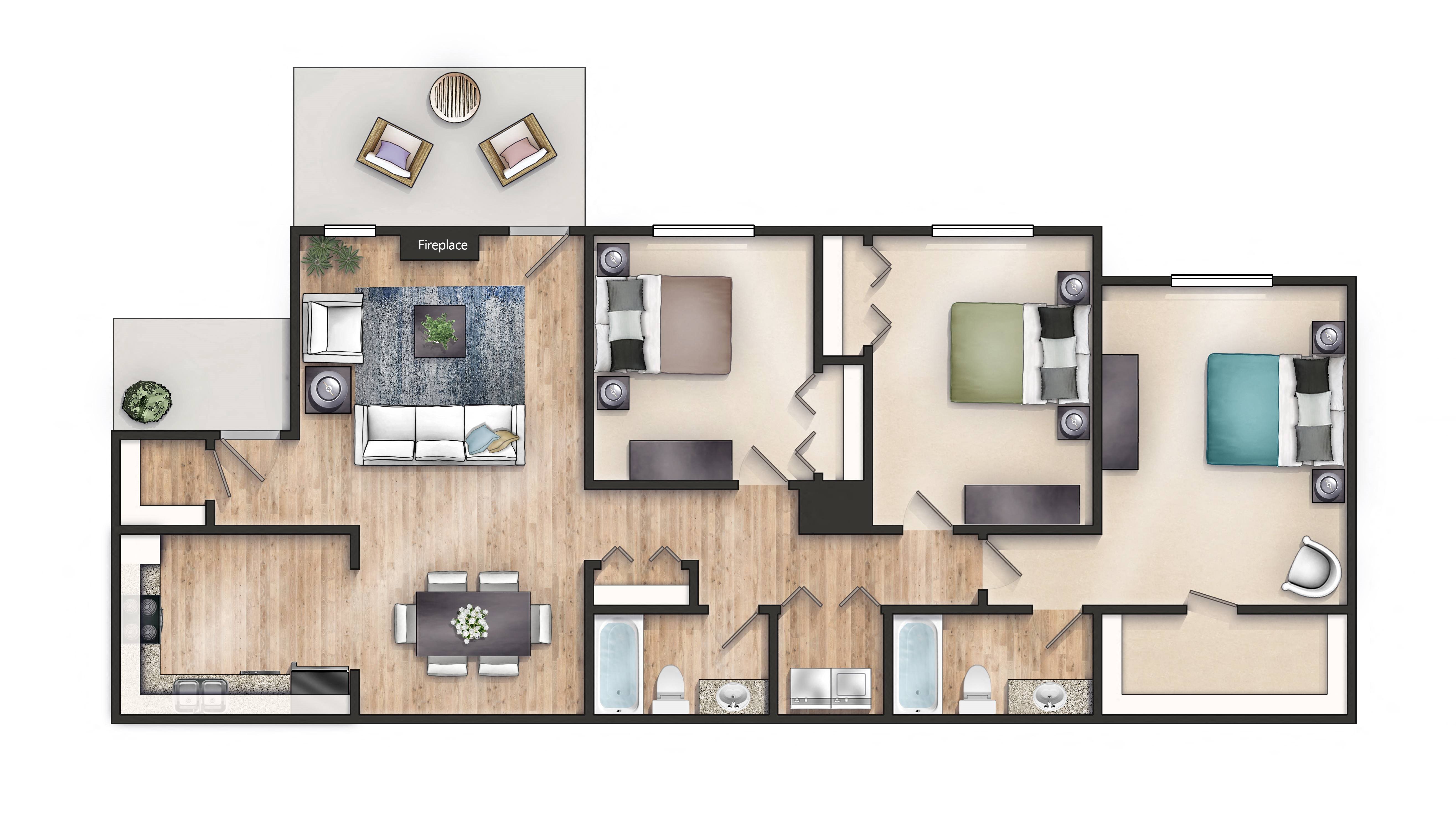 Cherie Floor Plan 1367 Square-Foot Cherie Floor Plan at Mirabelle Apartments, Mobile, 36608